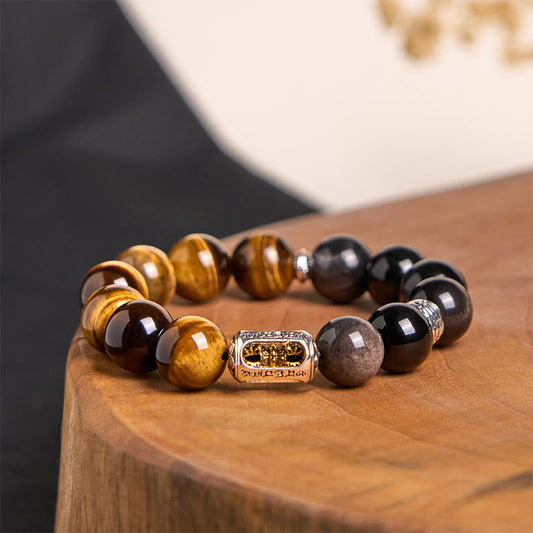 Buddhist Blessing Natural Silver Sheen Obsidian Tiger Eye Vajra Protection Bracelet