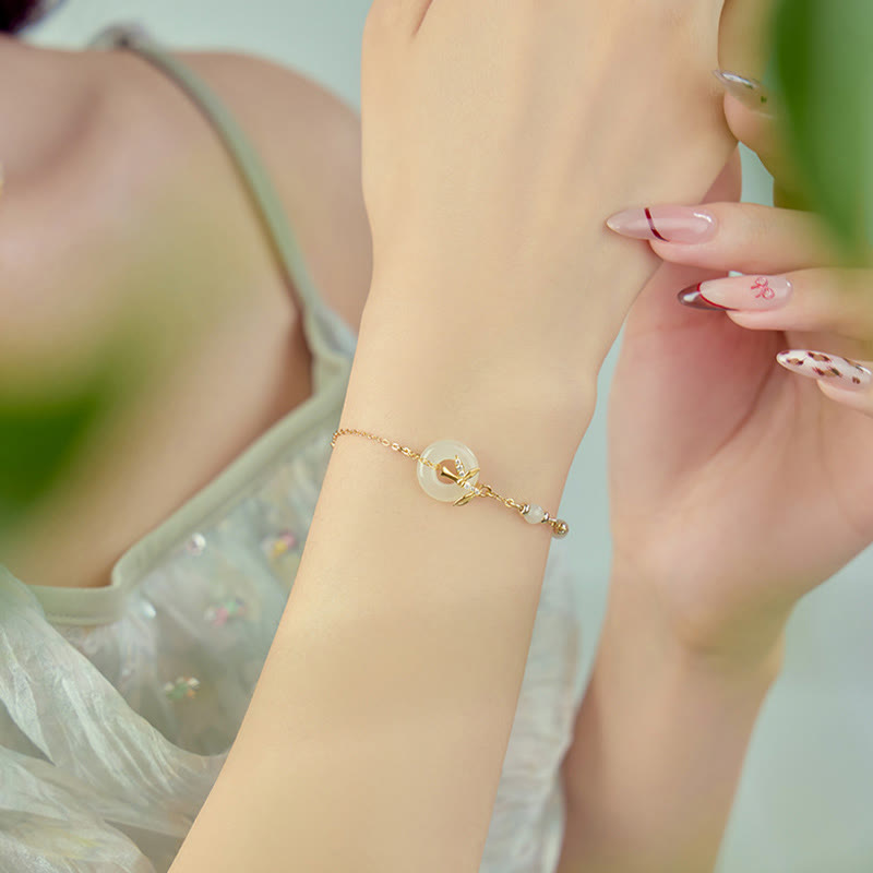 Buddhist Blessing Hetian Jade 925 Sterling Silver Cubic Zirconia Peace Buckle Luck Bracelet