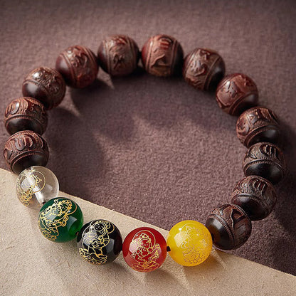 Buddhist Blessing Small Leaf Red Sandalwood Five Directions Gods of Wealth Calm Bracelet