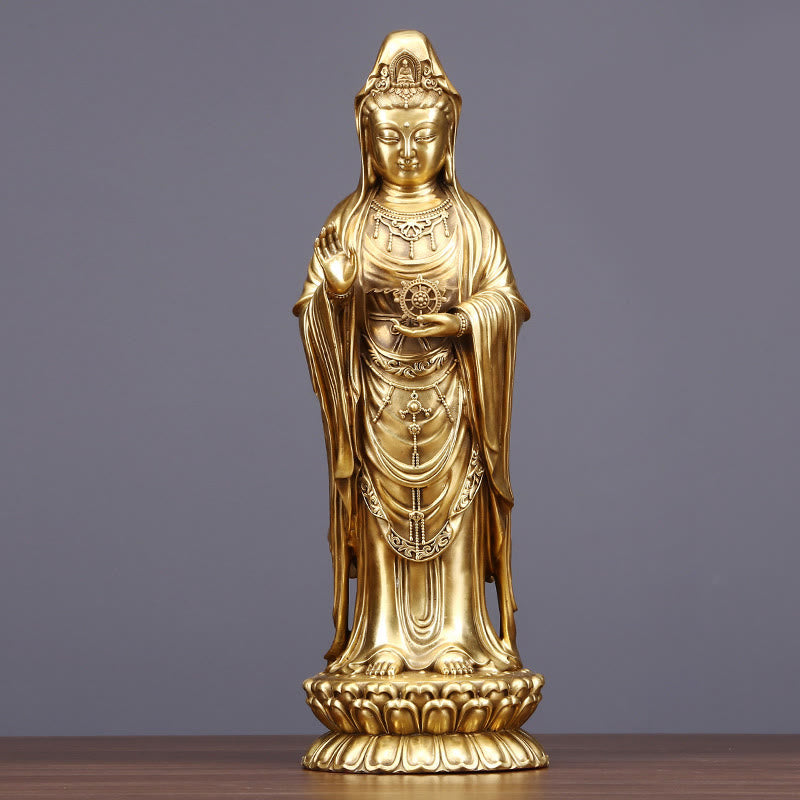 Buddhist Blessing Kwan Yin Avalokitesvara Holding The Dharma Wheel Wealth Brass Copper Statue Decoration