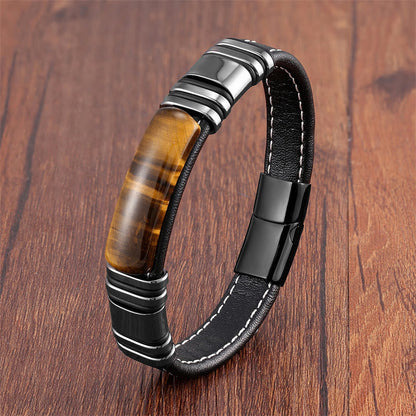 Buddhist Blessing Tiger Eye Stone Clear Thinking Leather Buckle Bracelet