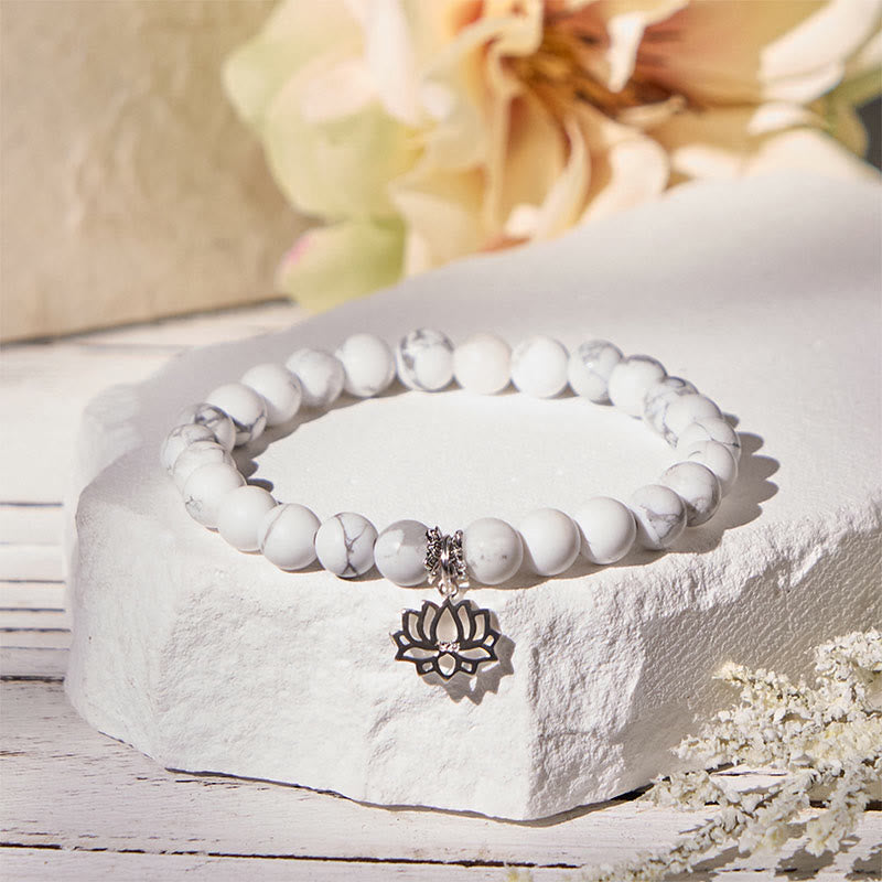 Buddhist Blessing 925 Sterling Silver Lotus Design Natural White Turquoise Wealth Bracelet