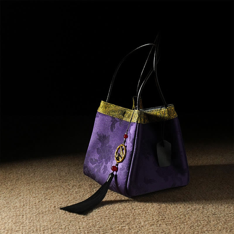 Buddhist Blessing Plum Flower Bamboo Branches Embroidery Tassel Xiangyunsha Silk Shoulder Bag Hangbags