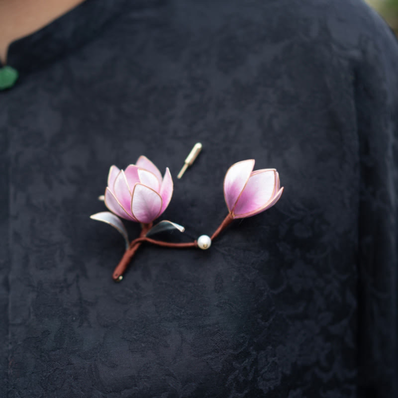 Buddhist Blessing Handmade Yangzhou Velvet Flower Mulberry Silk Purple Magnolia Brooch Hairpin