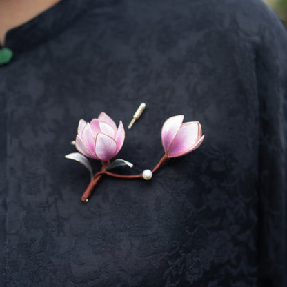 Buddhist Blessing Handmade Yangzhou Velvet Flower Mulberry Silk Purple Magnolia Brooch Hairpin