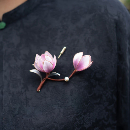 Buddhist Blessing Handmade Yangzhou Velvet Flower Mulberry Silk Purple Magnolia Brooch Hairpin