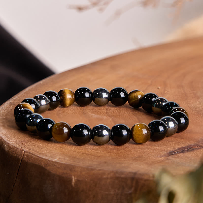 Buddhist Blessing Natural Tiger's Eye Obsidian Hematite Positive Powerful Bracelet