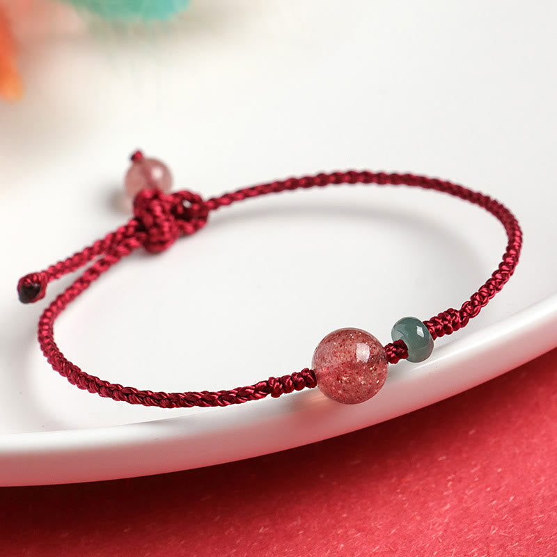 Buddhist Blessing Natural Strawberry Quartz Jade White Agate Red String Positive Bracelet