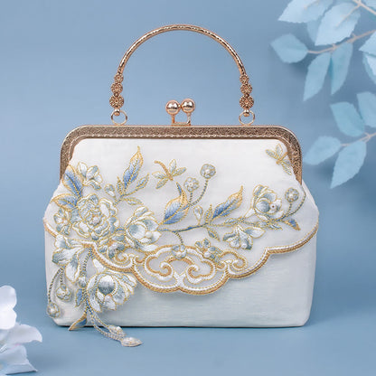 Buddhist Blessing Jasmine Flowers Embroidery Pearl Chain Crossbody Bag Handbags