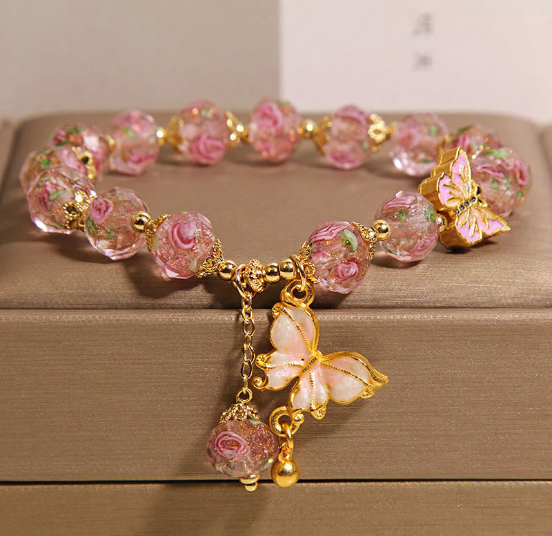 Buddhist Blessing Butterfly Charm Rose Flower Liuli Bracelet