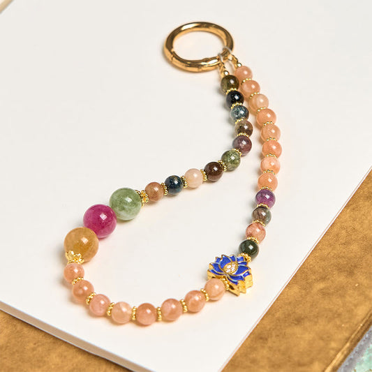 Buddhist Blessing Tourmaline Sun Stone Lotus Positive Key Chain Phone Hanging Decoration