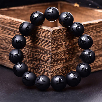 Buddhist Blessing Natural Black Onyx Om Mani Padme Hum Carved Protection Bracelet