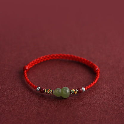 Buddhist Blessing Natural Hetian Jade Gourd Protection Luck Braided Bracelet Anklet