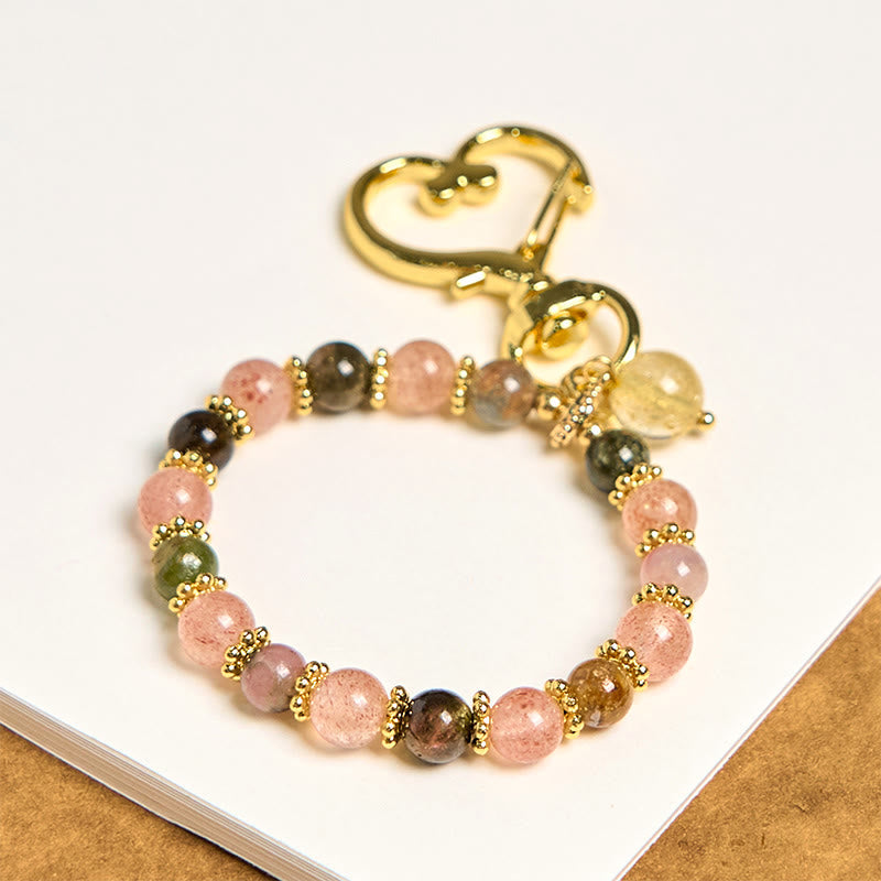 Buddhist Blessing Natural Strawberry Quartz Crystal Beads Positive Key Chain Phone Hanging Decoration