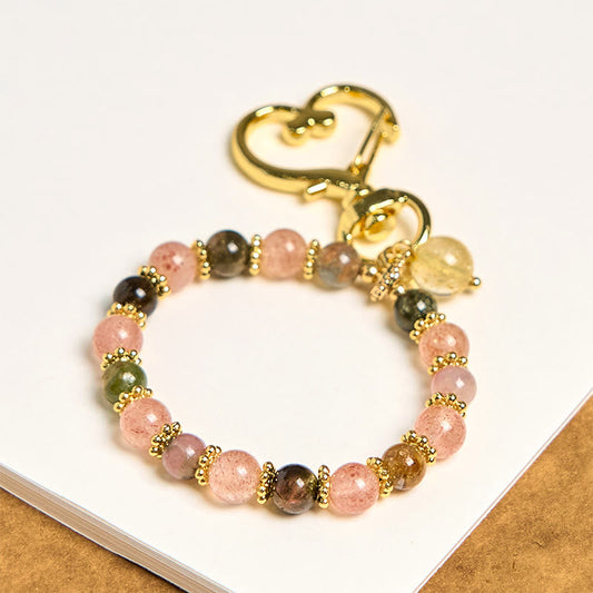 Buddhist Blessing Natural Strawberry Quartz Crystal Beads Positive Key Chain Phone Hanging Decoration