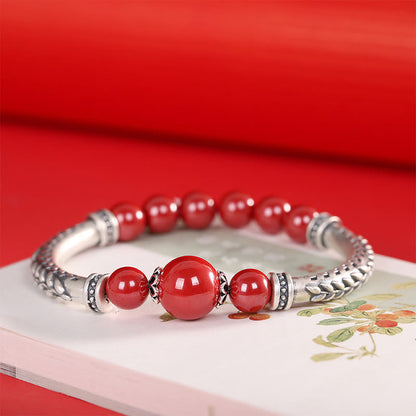 Buddhist Blessing 999 Sterling Silver Cinnabar Wheat Ears Blessing Bracelet Bangle
