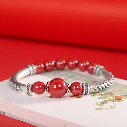 Buddhist Blessing 999 Sterling Silver Cinnabar Wheat Ears Blessing Bracelet Bangle