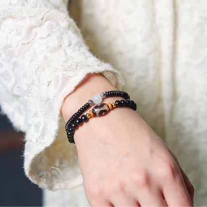 Buddhist Blessing Ebony Sandalwood Green Sandalwood Dzi Bead Balance Calm Double Wrap Bracelet