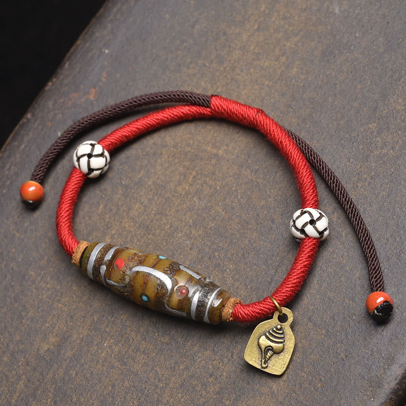 Buddhist Blessing Handcrafted Tibetan Nine-eye Dzi Bead Protection Rope Bracelet
