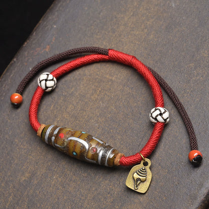 Buddhist Blessing Handcrafted Tibetan Nine-eye Dzi Bead Protection Rope Bracelet