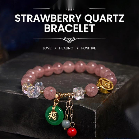 Buddhist Blessing Strawberry Quartz Jade Fu Character Charm Healing Bracelet