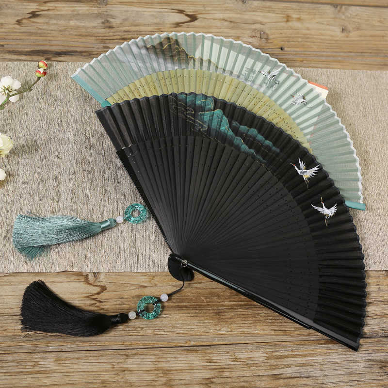 Buddhist Blessing Retro Mountain River Crane Silk Handheld Bamboo Folding Fan