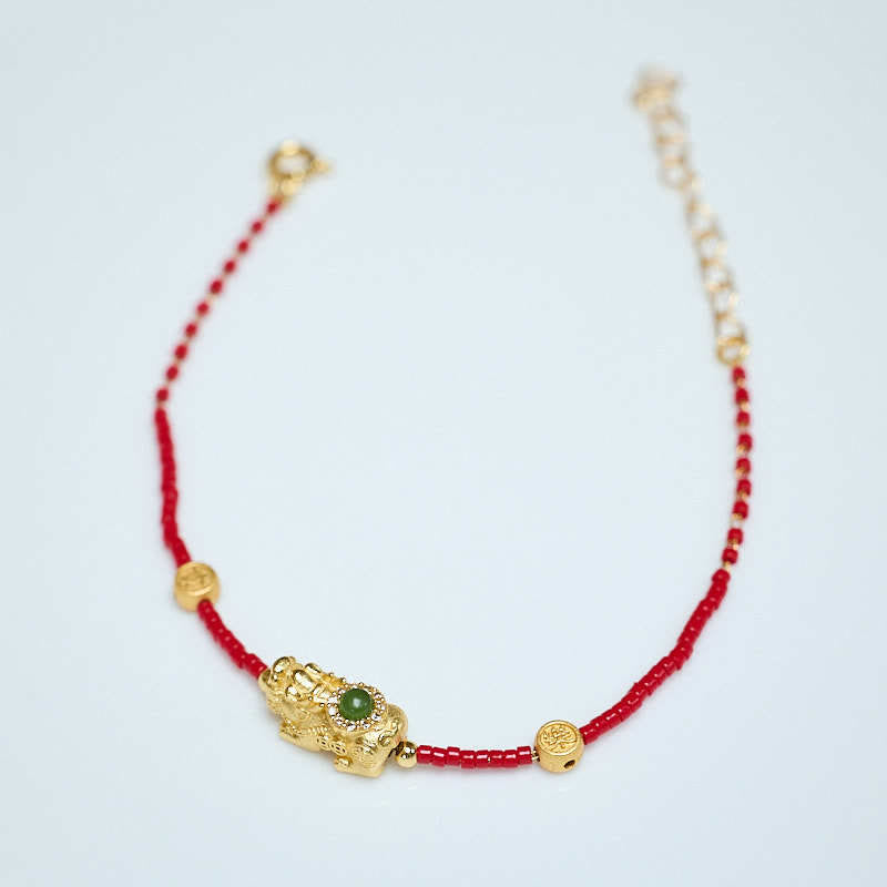 Buddhist Blessing 24k Gold Plated 925 Sterling Silver Liuli Glass Bead PiXiu Four Leaf Clover Joy And Happiness Wealth Bracelet