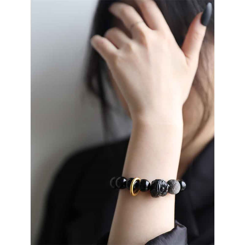 Buddhist Blessing Black Obsidian Silver Sheen Obsidian Lion Strength Bracelet