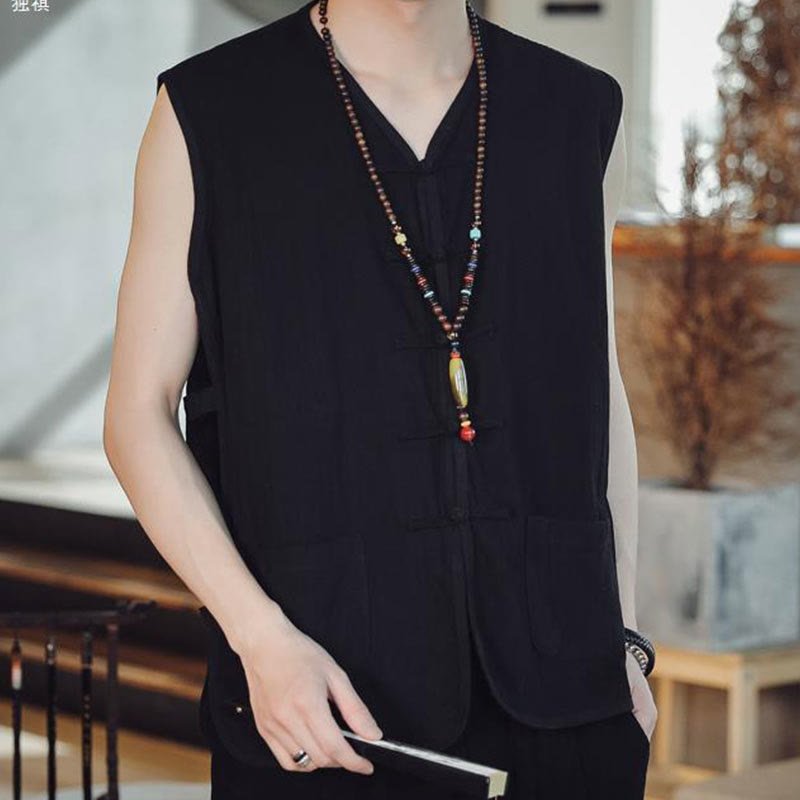 Buddhist Blessing Casual Chinese Frog-Button Men's Cotton Vest Waistcoat With Pockets