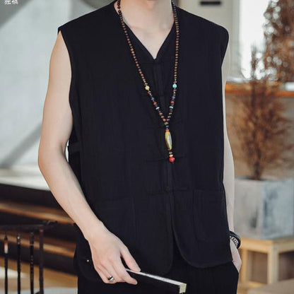 Buddhist Blessing Casual Chinese Frog-Button Men's Cotton Vest Waistcoat With Pockets