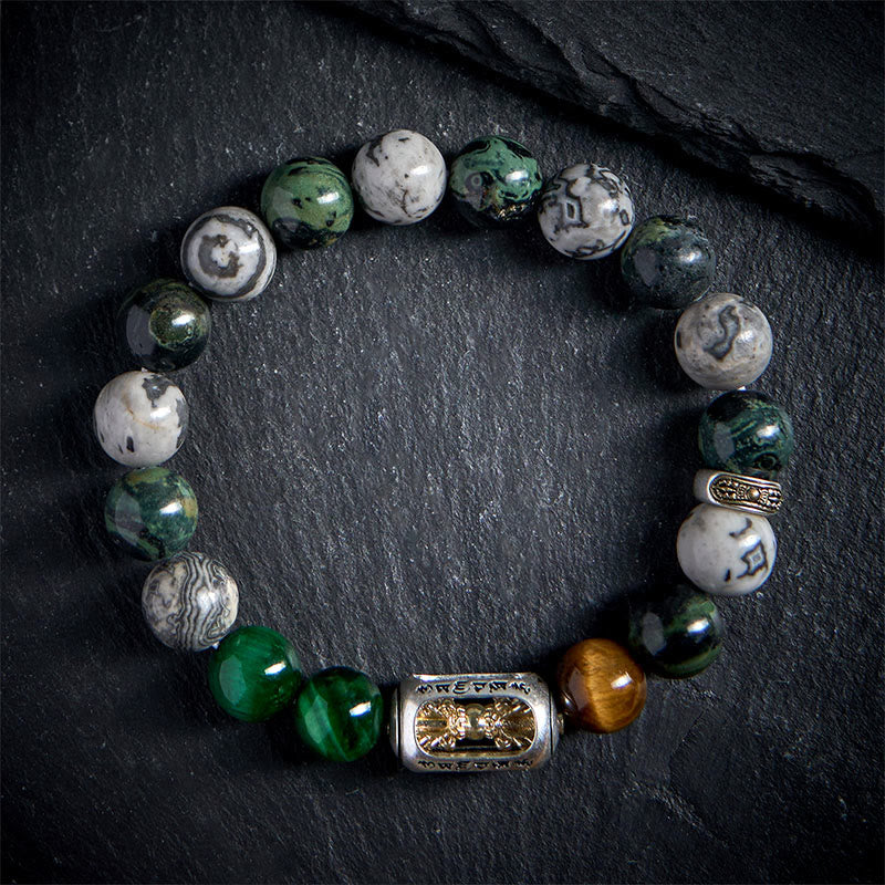 Buddhist Blessing Natural Grey Jasper Kambamba Jasper Tiger Eye Om Mani Padme Hum Protection Bracelet