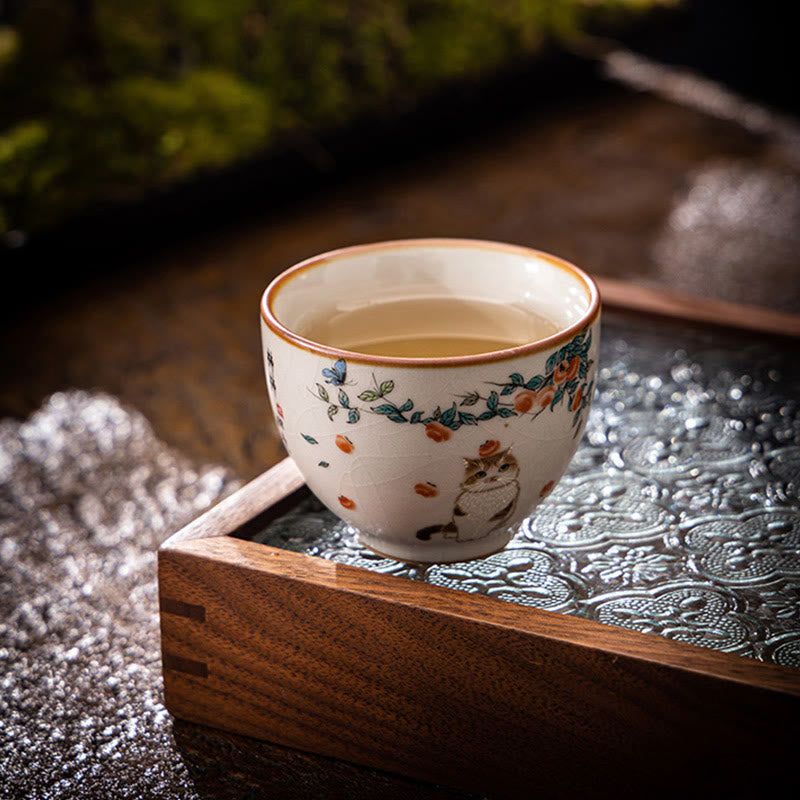 Buddhist Blessing Cute Cat Butterfly Teacup Kung Fu Tea Cup