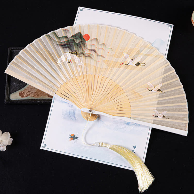 Buddhist Blessing Cranes Auspicious Clouds Solid Color Gradient Handheld Cotton Linen Fabric Bamboo Folding Fan