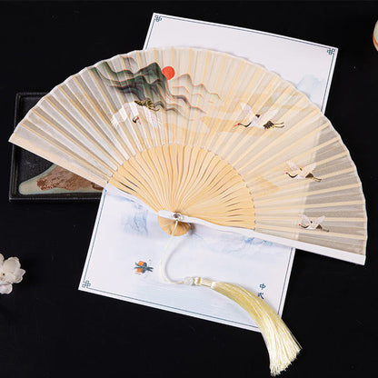 Buddhist Blessing Cranes Auspicious Clouds Solid Color Gradient Handheld Cotton Linen Fabric Bamboo Folding Fan