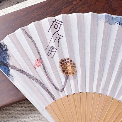 Buddhist Blessing Chinese Characters Ink Painting Lotus Flower Leaf Landscape Handheld Huayao Crepe Polyester Bamboo Folding Fan 23.3cm