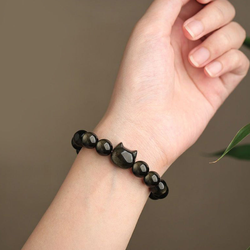 Buddhist Blessing Gold Sheen Obsidian Silver Sheen Obsidian Lovely Paw Lucky Cat Protection Bracelet