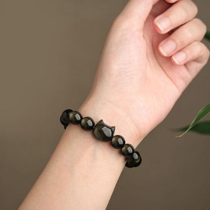 Buddhist Blessing Gold Sheen Obsidian Silver Sheen Obsidian Lovely Paw Lucky Cat Protection Bracelet