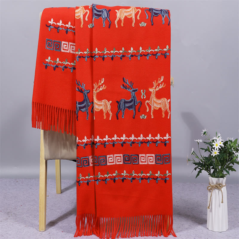 Buddhist Blessing Rayon Fabric Shawl Sika Deer Embroidery Tassel Winter Cozy Travel Scarf Wrap