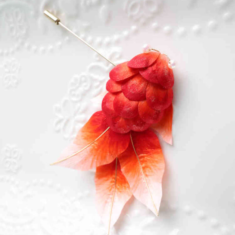 Buddhist Blessing Handmade Yangzhou Velvet Flower Mulberry Silk Red Koi Fish Leaves Brooch Hair Clip