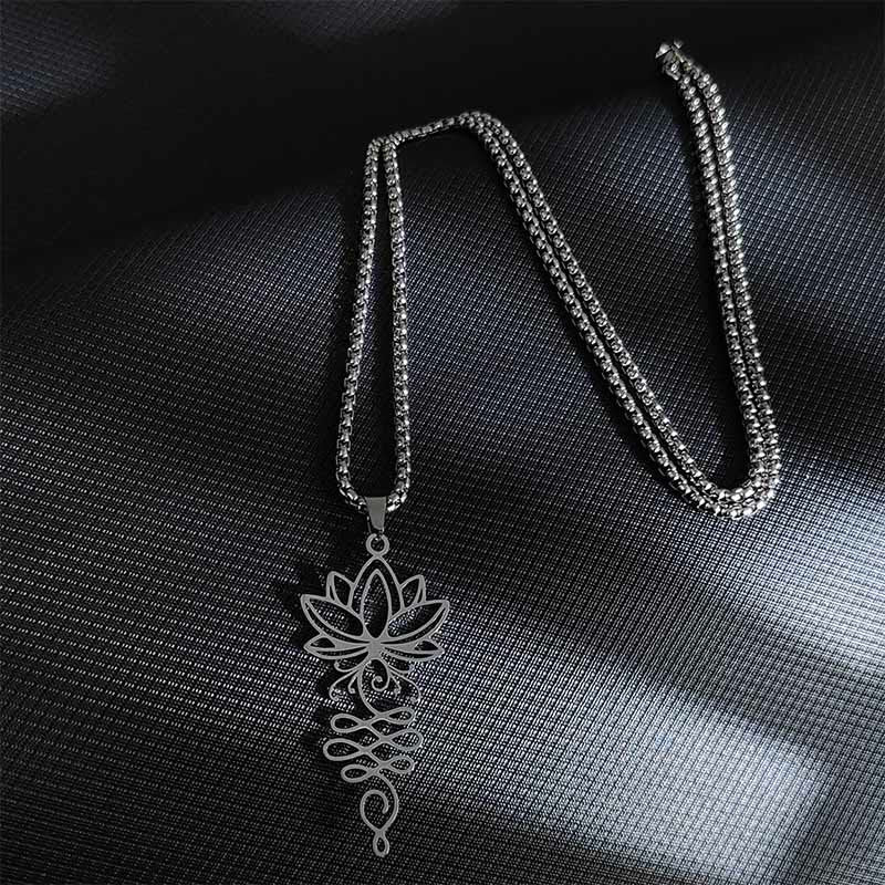 Buddhist Blessing Lotus Vines Design Chakra Symbol Stainless Steel Enlightenment Necklace Pendant