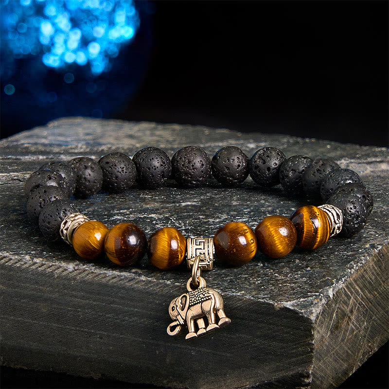 Buddhist Blessing Black Lava Rock Crystal Beads Animal Pattern Healing Bracelet