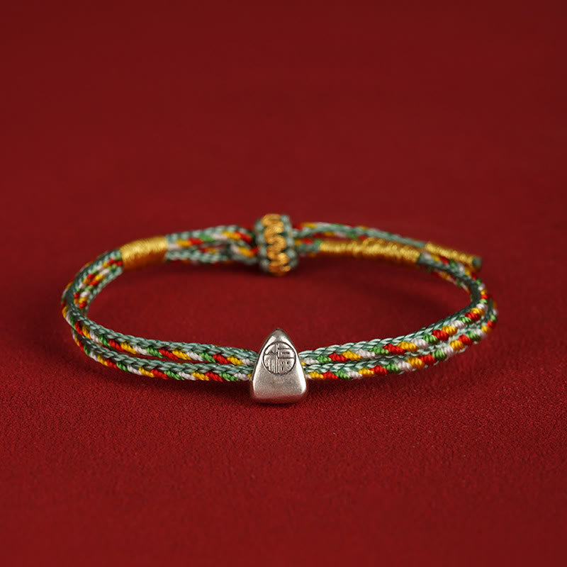 Buddhist Blessing 925 Sterling Silver Fu Character Luck Multicolored Rope Bracelet