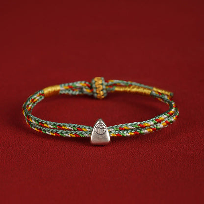 Buddhist Blessing 925 Sterling Silver Fu Character Luck Multicolored Rope Bracelet