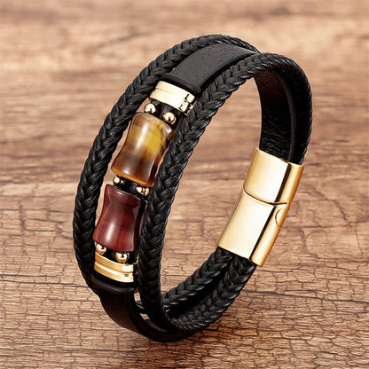 Buddhist Blessing Tiger Eye Bamboo Stone Integrity Courage Multi-layer Leather Bracelet