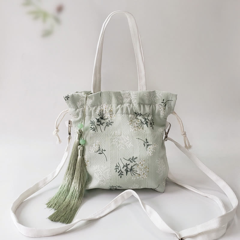 Buddhist Blessing White Flowers Green Leaves Canvas Tote Crossbody Bag Shoulder Bag Handbag