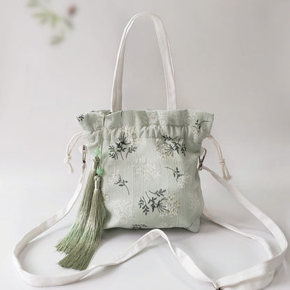 Buddhist Blessing White Flowers Green Leaves Canvas Tote Crossbody Bag Shoulder Bag Handbag