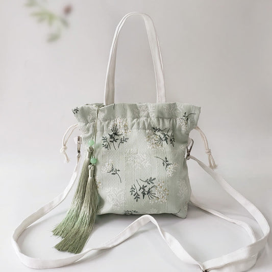 Buddhist Blessing White Flowers Green Leaves Canvas Tote Crossbody Bag Shoulder Bag Handbag