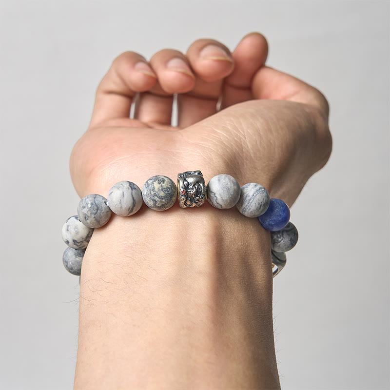 Buddhist Blessing Natural Grey Jasper Sodalite Om Mani Padme Hum Buddha Face Healing Bracelet