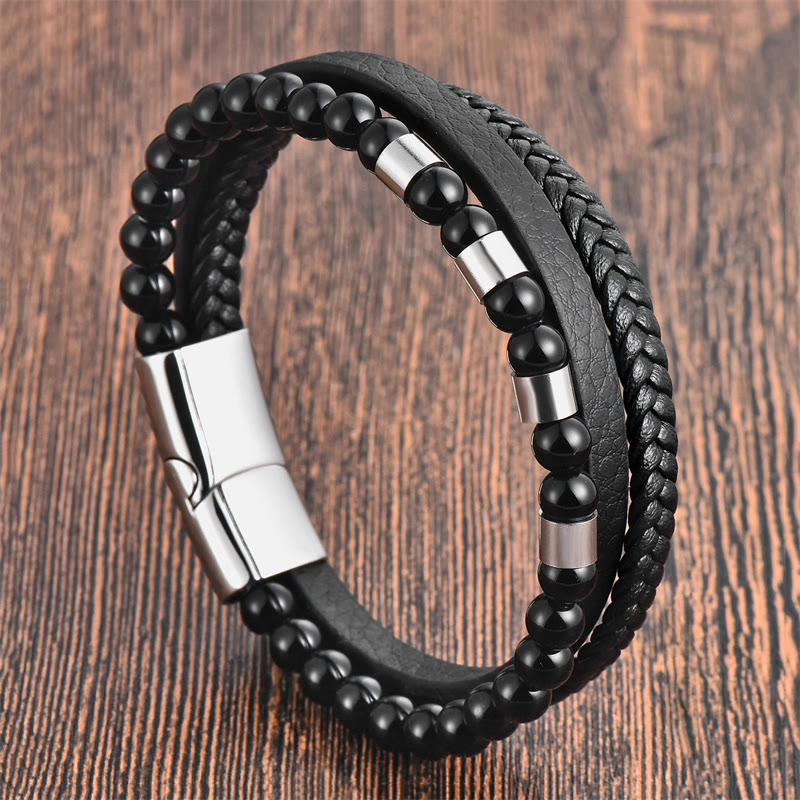 Buddhist Blessing Frosted Stone Multi-layer Leather Titanium Steel Balance Buckle Bracelet