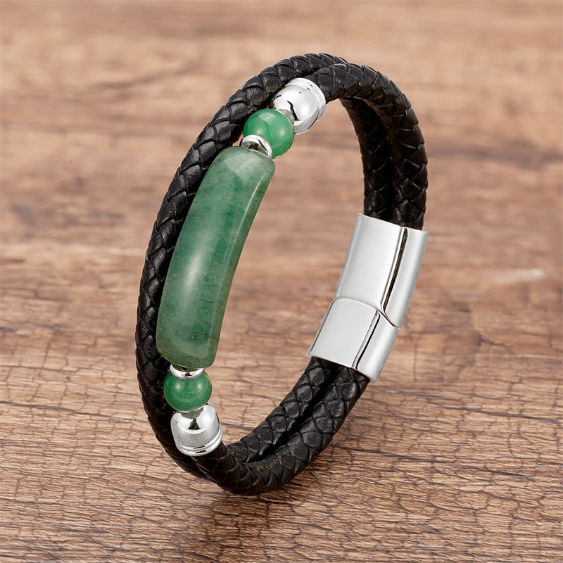 Buddhist Blessing Green Aventurine Tiger Eye Green Agate Black Onyx Hematite Stone Luck Leather Magnetic Buckle Bracelet